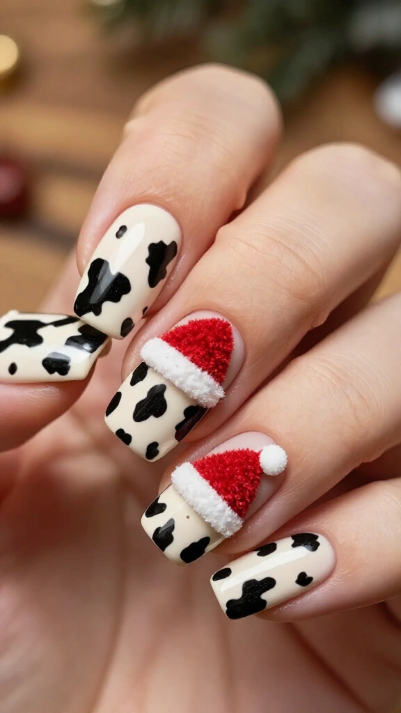 Cow print with velvet Santa hats