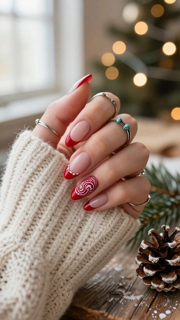 Crimson bandana print French tips