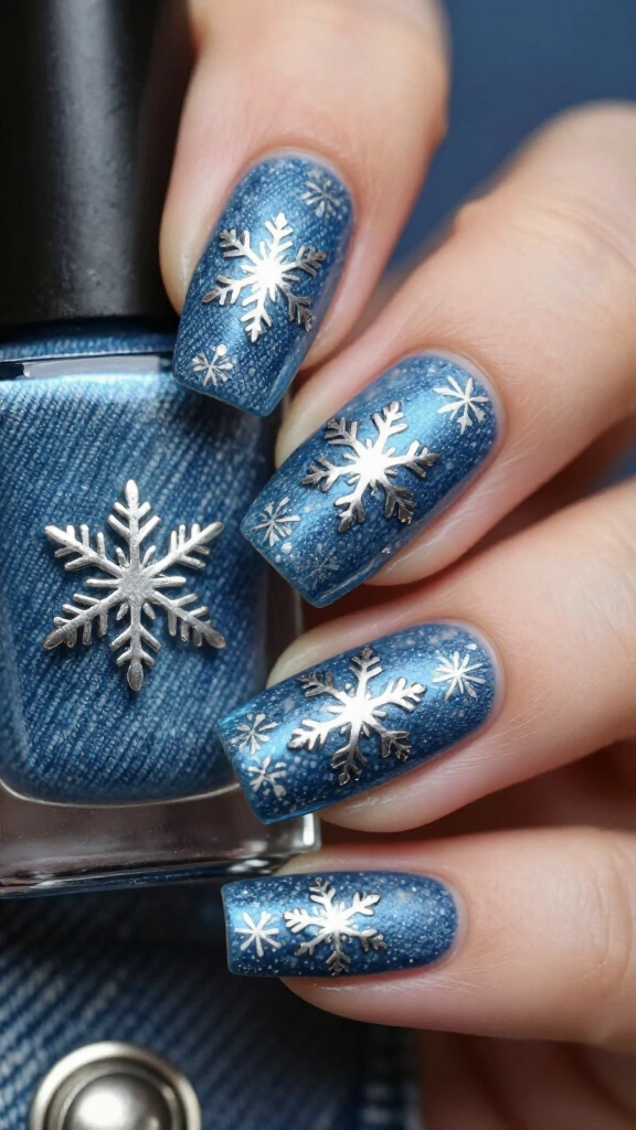 Weathered denim blue with silver snowflake filigree