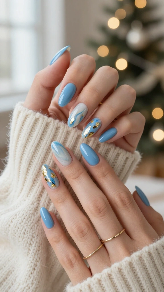 Delicate Gold Foil and Sky Blue Marble