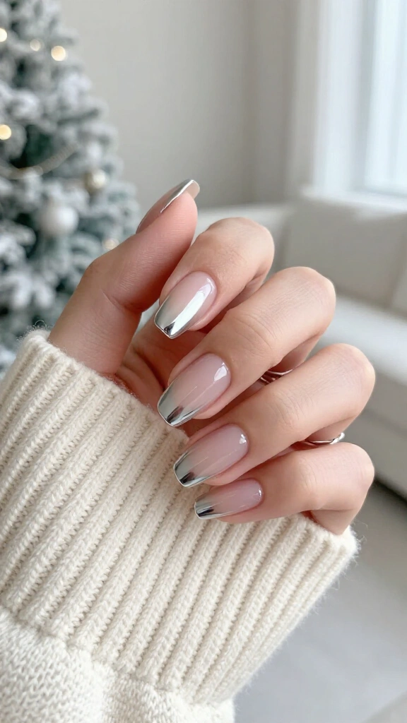 Frosted silver chrome French tips