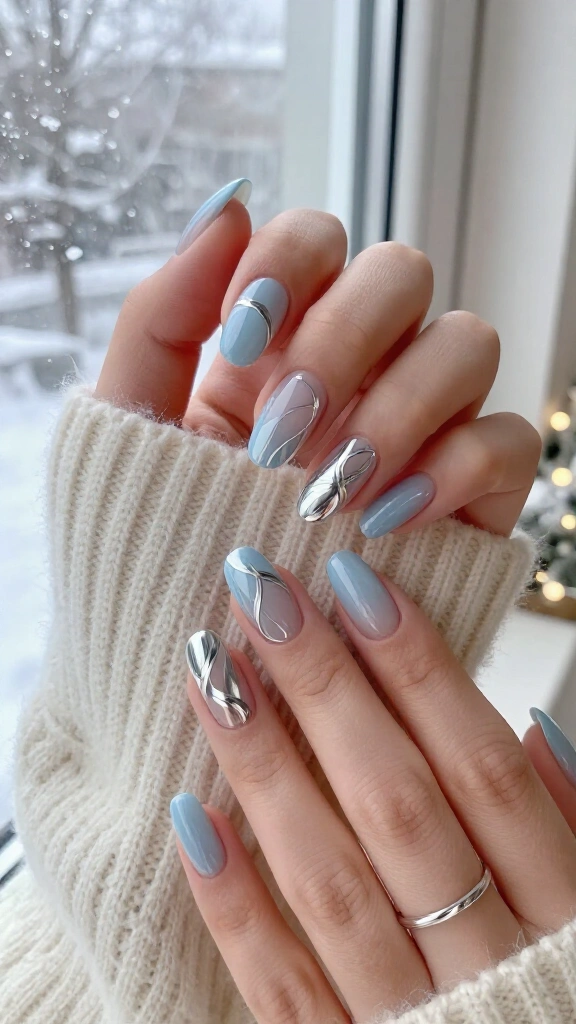 Abstract Silver Swirls on Sheer Pale Blue