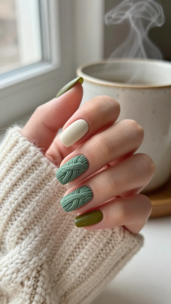 Sage Green Cable Knit Sweater Nails