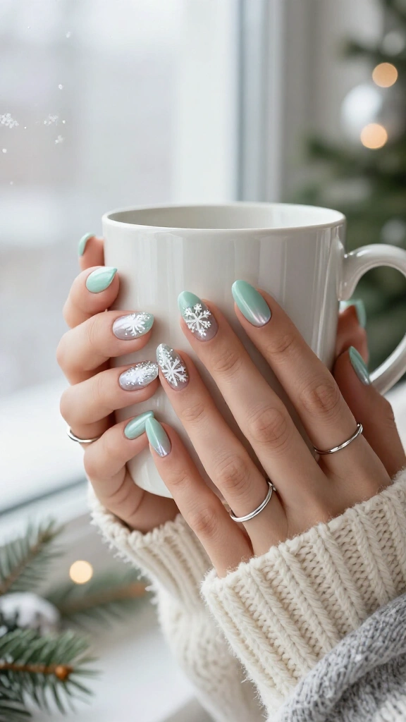 Frosted Mint Snowflake Nails