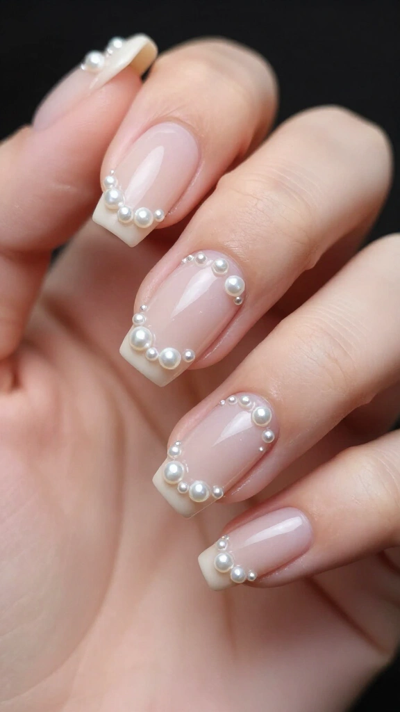 Elegant Pearl Studded Nude Nails