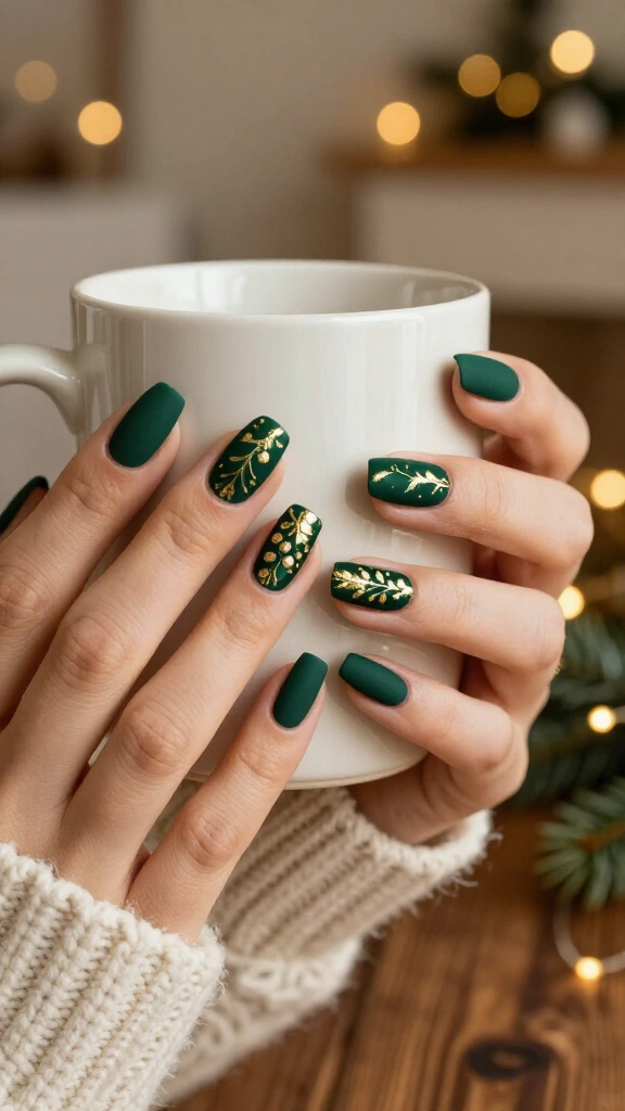 Matte forest green with gold holly outlines