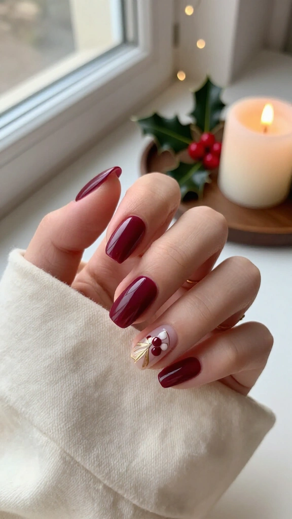 Burgundy milky nails with a holly sprig