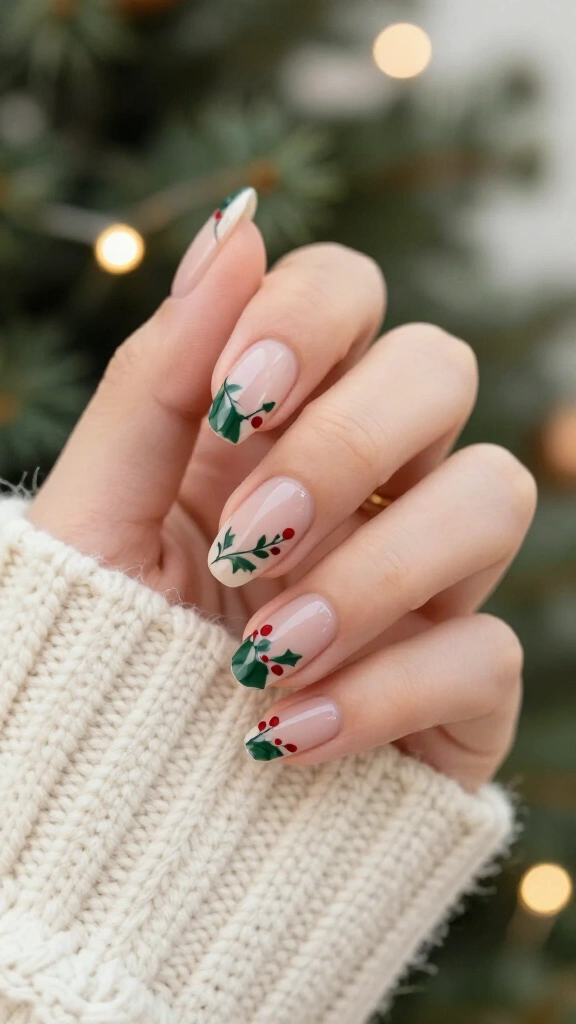 Almond nails with delicate line-art holly