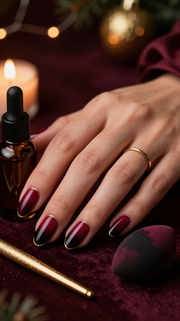 Dramatic burgundy ombré with gold cuticles