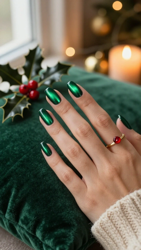 Velvet cat-eye green with a berry accent