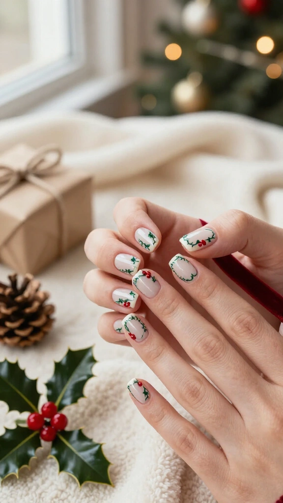 Short square nails with a holly border