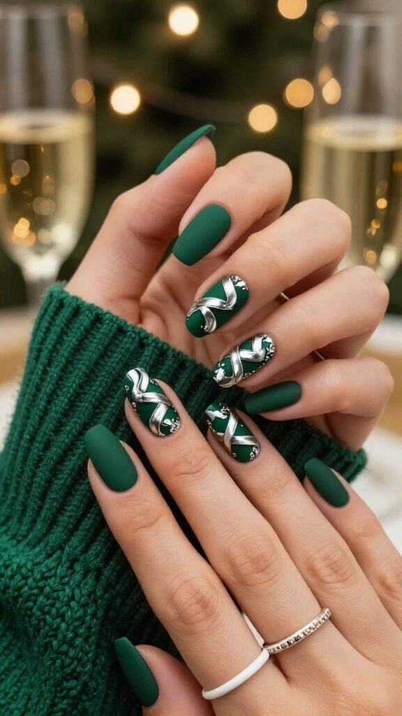 Matte forest green with 3D chrome ribbons