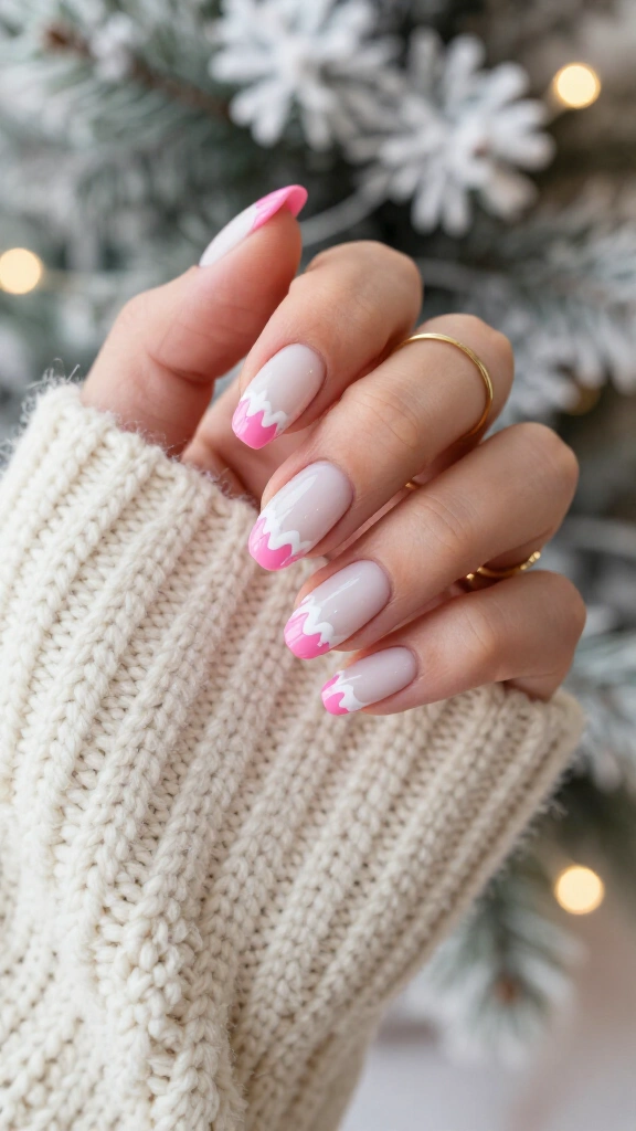 Pink French tips with white snow caps