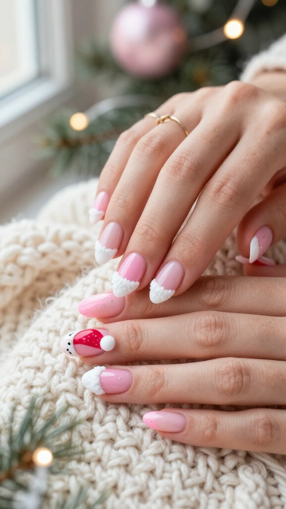 Pink Santa hat nails