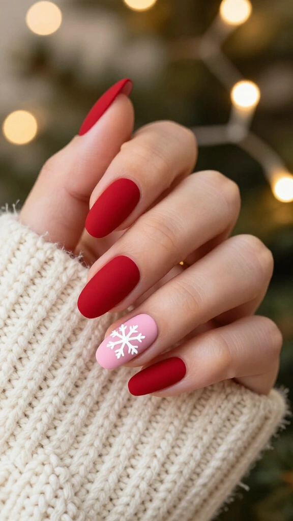 Matte Scarlet and Pastel Snowflake Accents