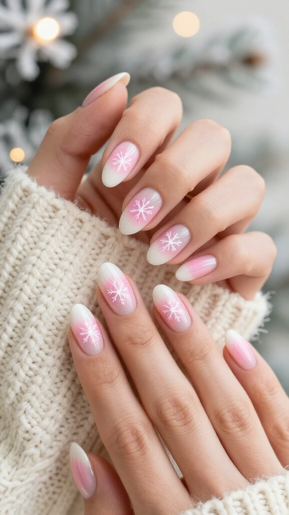 Pink aura nails with a white snowflake