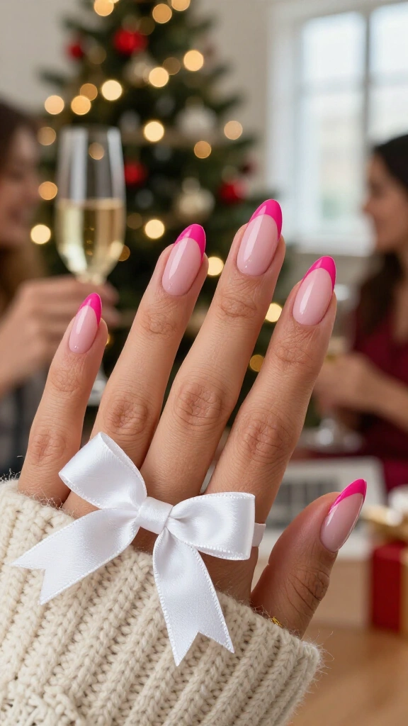 Hot pink French with white ribbon