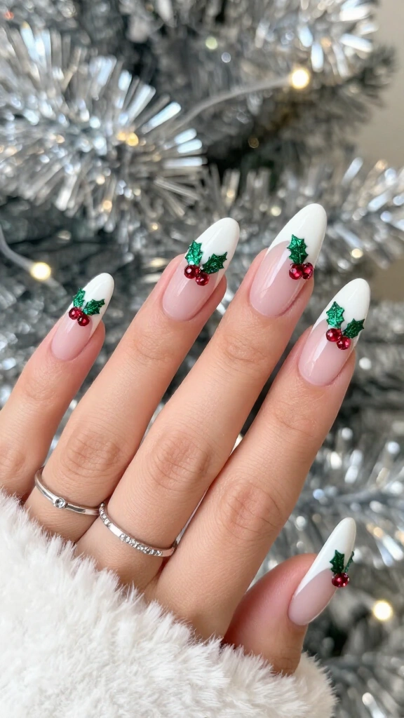 White French Duck Nails with Glitter Holly