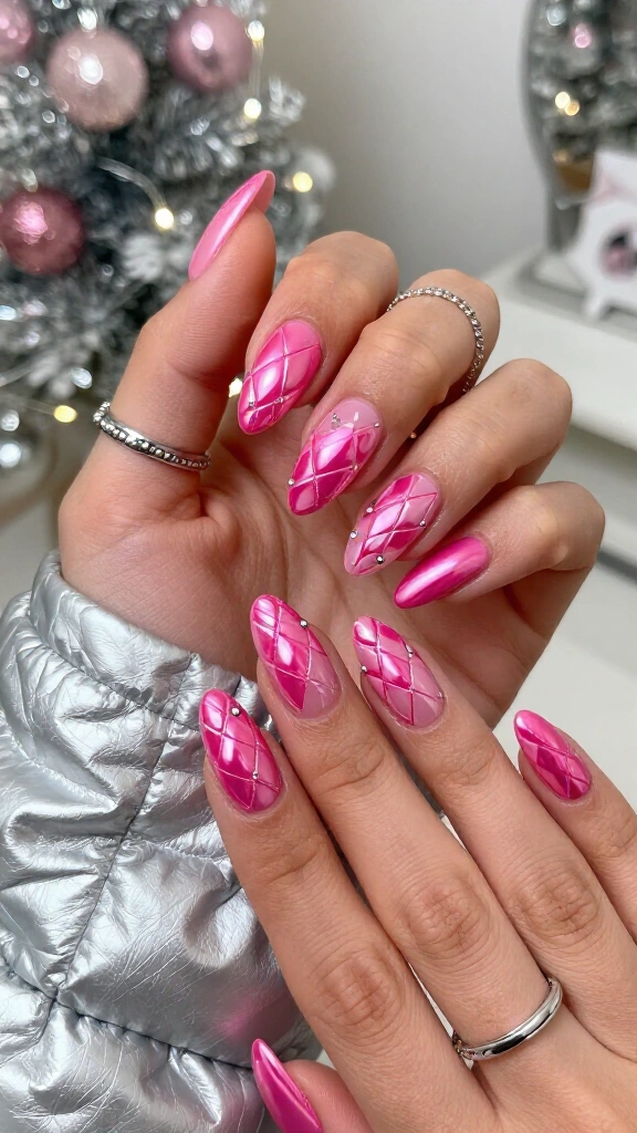 Hot Pink Metallic Puffer Coat Quilted Nails