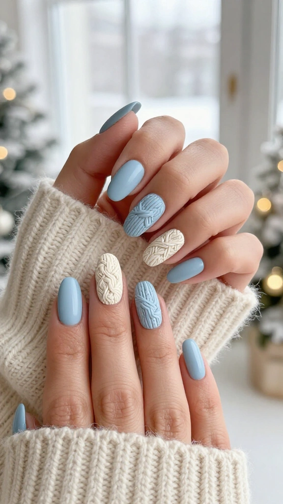 Cable knit sweater nails in powder blue