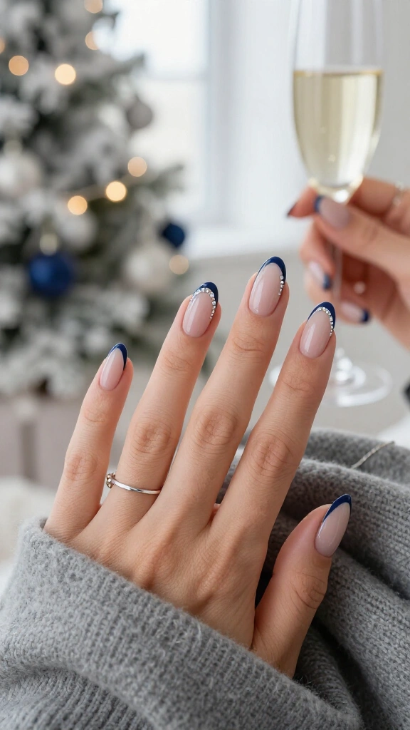Deep navy French tips with crystal cuticles
