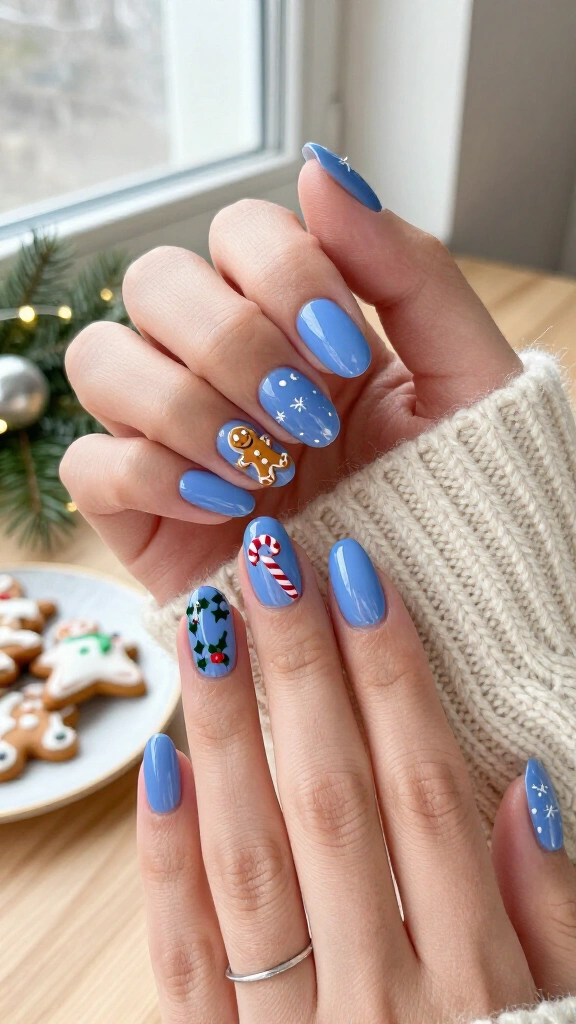 Cornflower blue gingerbread and holly accents