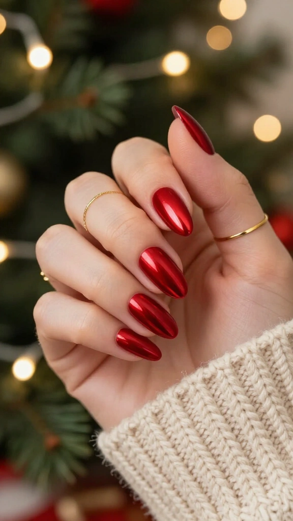 Mirror red chrome almond nails