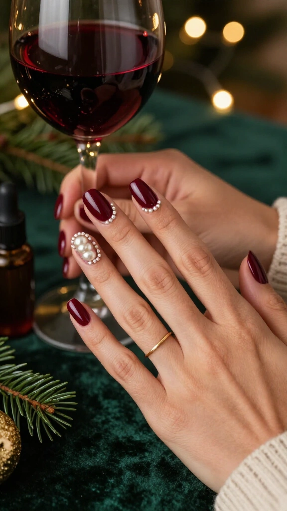 Deep Bordeaux wine and pearl studs