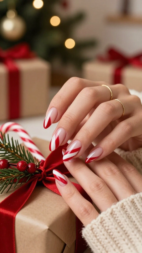 Diagonal Candy Cane French on Almond Nails