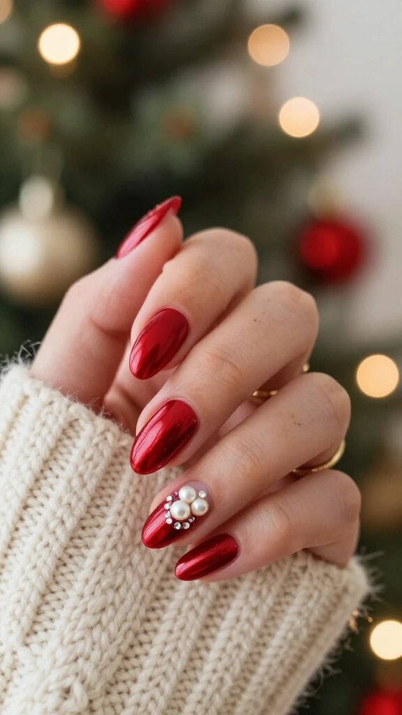 Red chrome with pearls and rhinestones