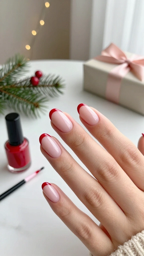 Light pink French tips with a red line