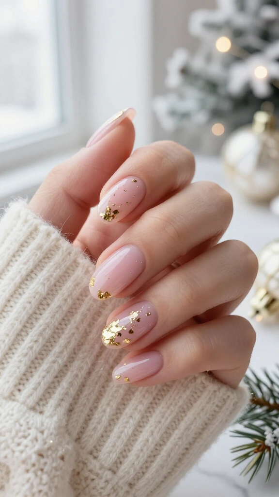 Pink nails with gold foil flakes