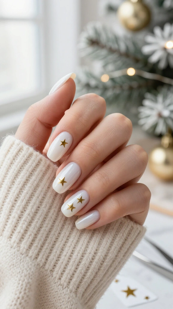 Milky White Nails with Micro Gold Stars