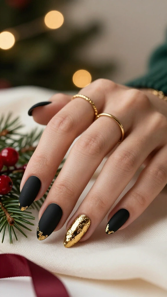 Matte Black Almond with Glossy Gold Leaf Tip