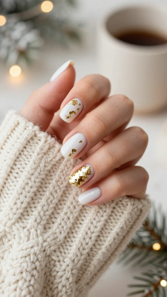 Milky White Nails with Gold Leaf Flakes