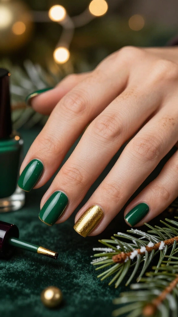 Gilded French tips on deep emerald