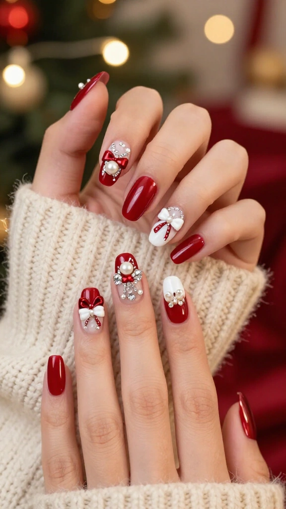 Pearl and rhinestone bow nails