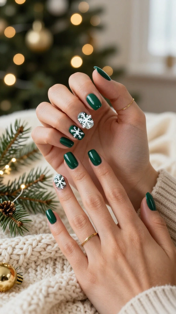 Delicate snowflakes on an emerald backdrop
