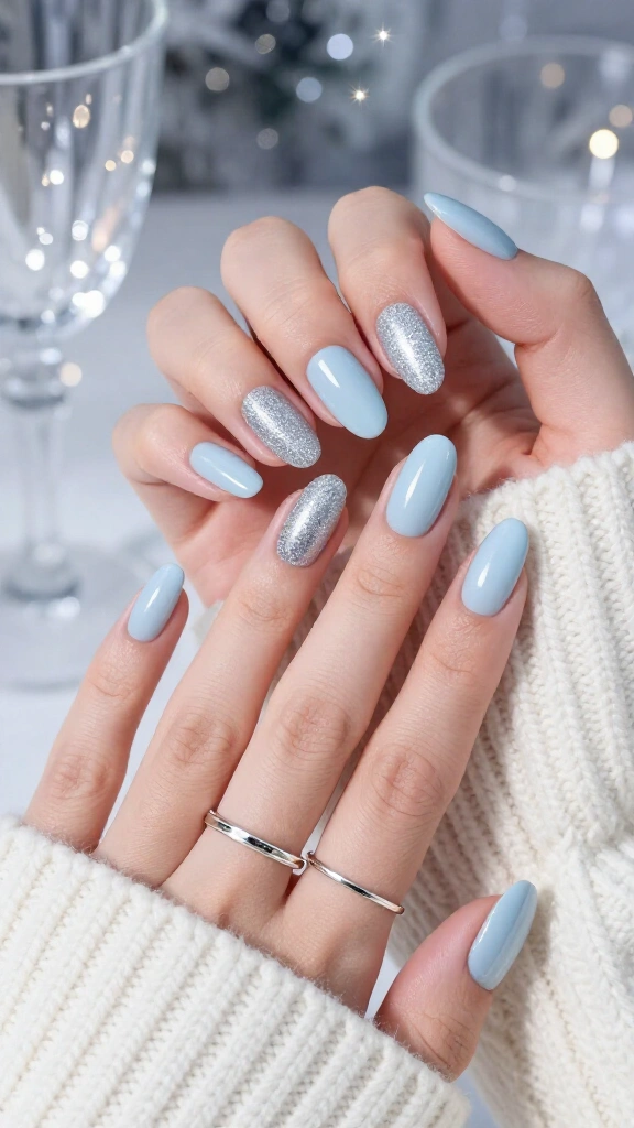 Frosted ice blue glitter tips