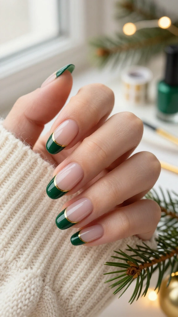 Green French tips with a gold line