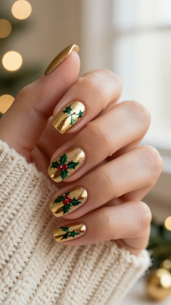 Metallic gold base with green holly dots