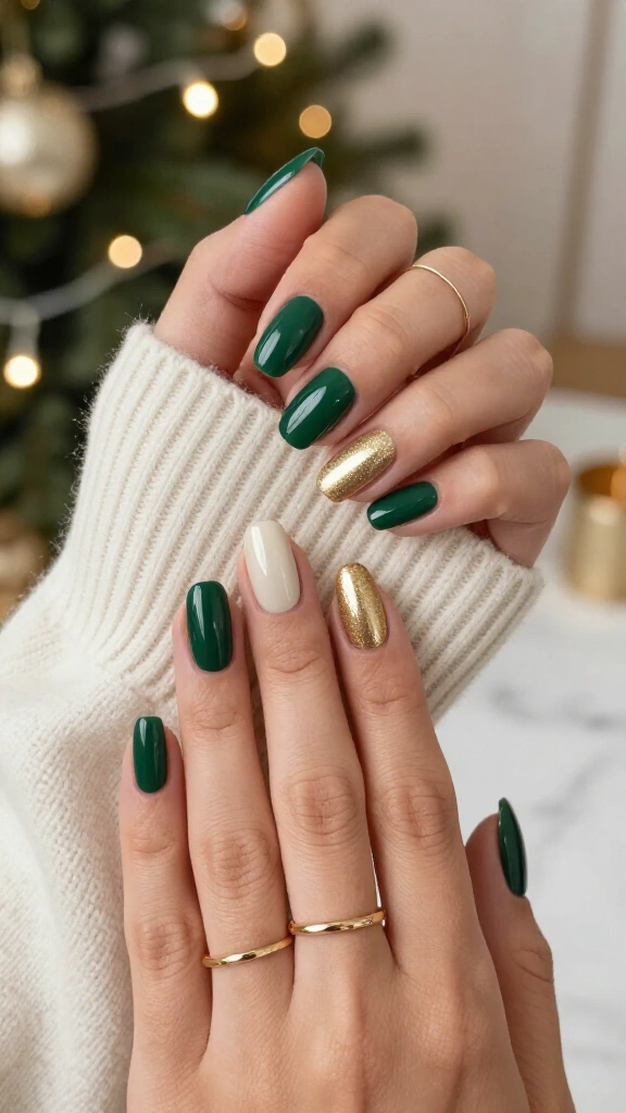 Pine and champagne skittle mani