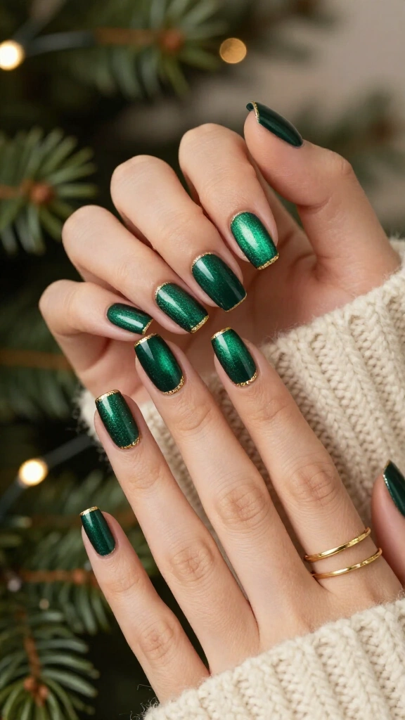 Velvet green magnetic nails with gold edges