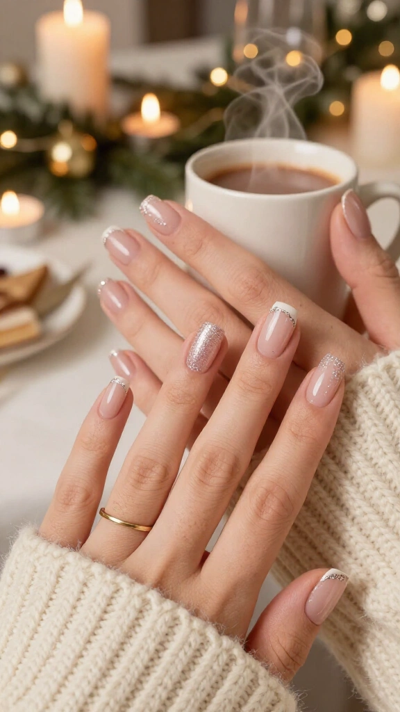 Soft blush with micro-glitter French tips