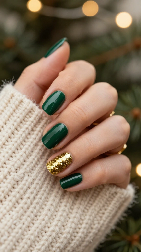 Short dark green nails with a gold ring finger