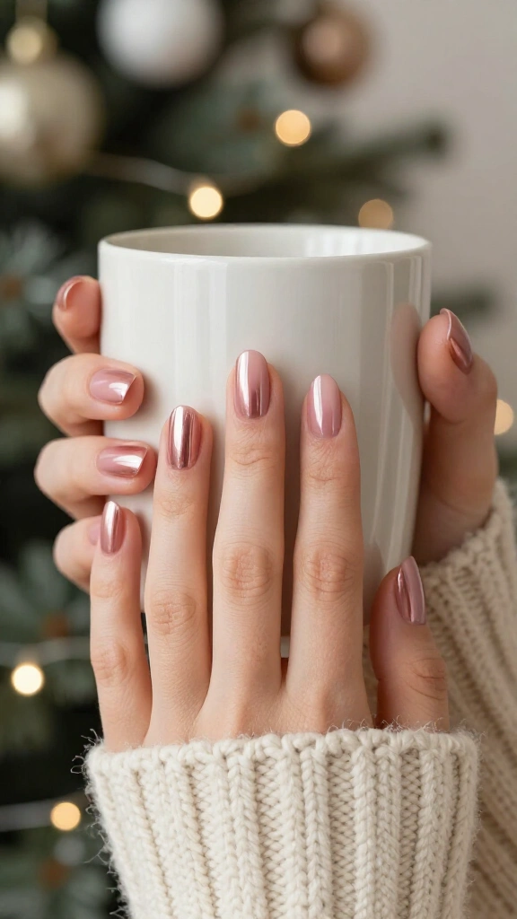 Rose gold chrome glaze on short squoval nails