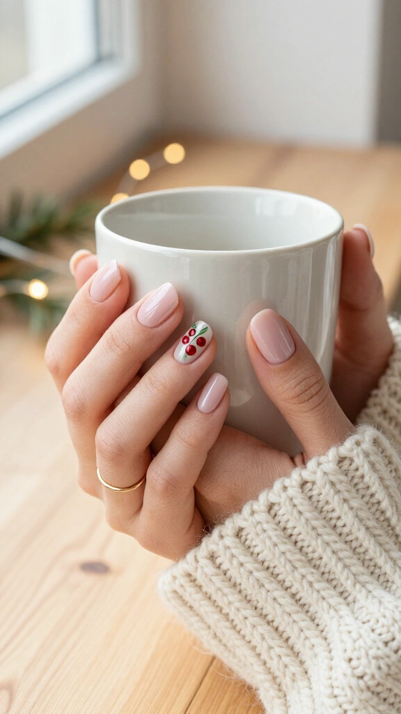 Minimalist holly berry clusters on sheer nude-pink