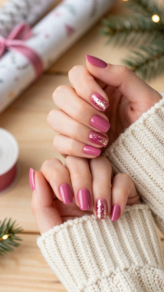 Champagne gold glitter drip on berry pink nails