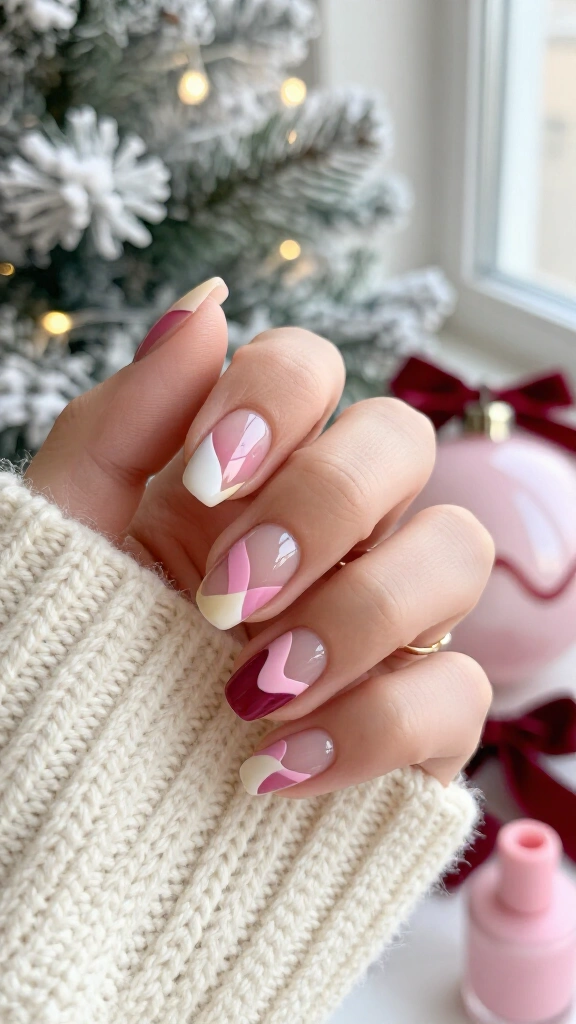 Abstract ribbon waves in pink and white