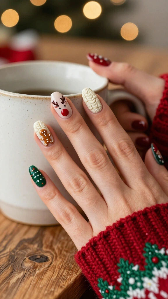 Ugly sweater nails with mini reindeer